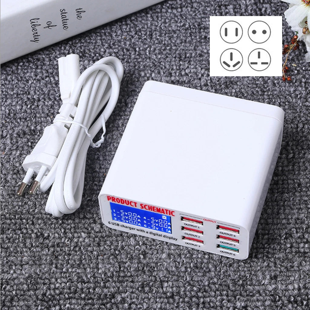 8A QC3.0 USB Charger With LCD Display 6 Ports Desktop Mobile Phone