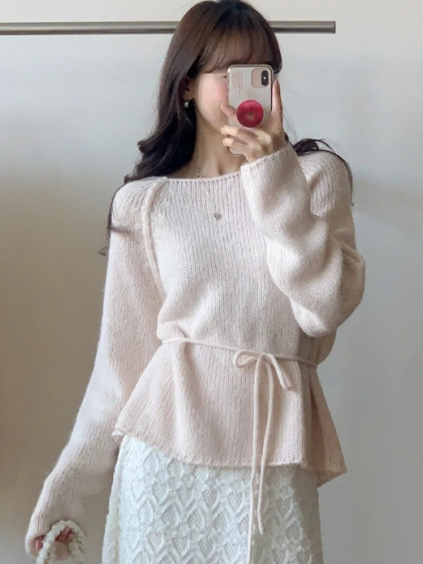 Slimming Knitted Sweater Women's Fashion Sweet Style Belted Waist One-Shoulder Winter New Soft Versatile Top Casual Streetwear