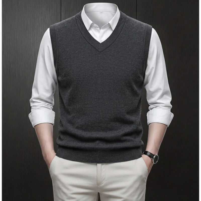 Casual Sweater Vest Knitwear for Men V-Neck Solid Sleeveless Pullover Smart Casual Knitted Waistcoat Streetwear Outerwear Tops