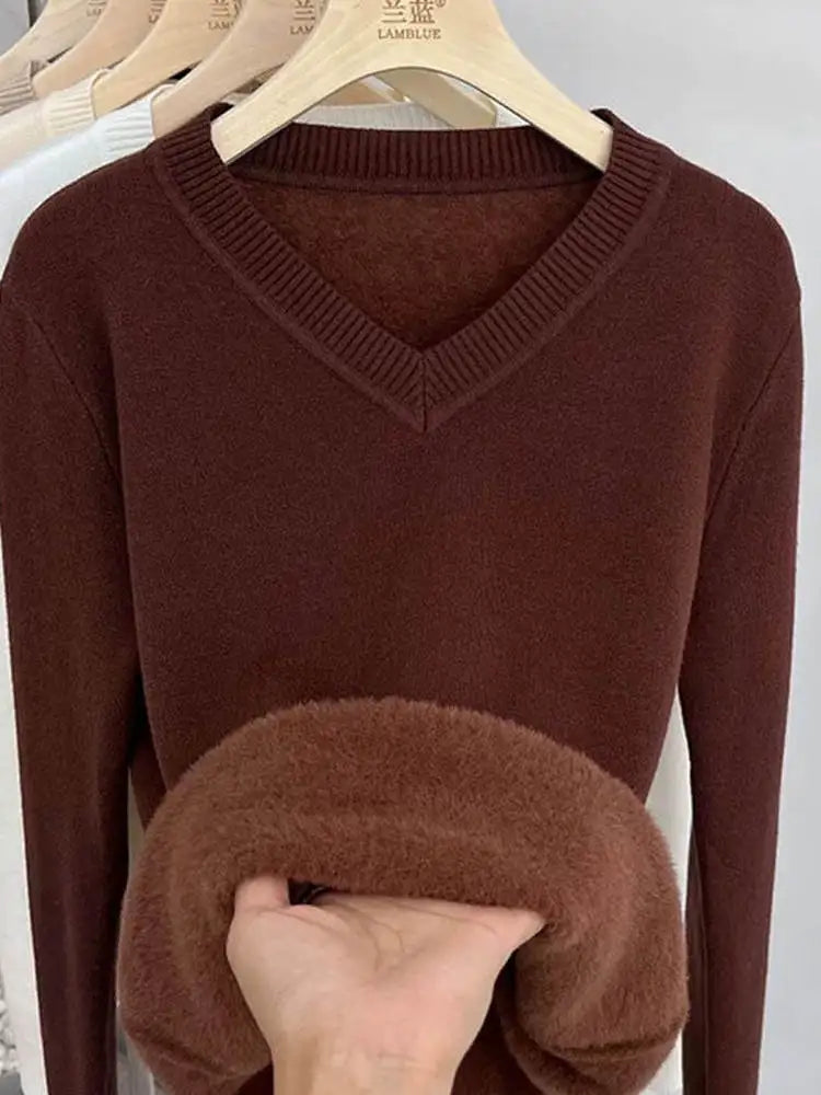 Thickened Fleece V-Neck Long Sleeve Women's Knitwear Autumn Winter Warm Soft Mink Velvet Slim Fit Crew Neck Pullover Top
