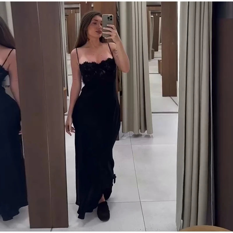 Sexy Satin Sling Long Dress Women Backless Sleeveless High Waist Lace Patchwork Loose Robe Female 2026 Summer Chic Solid Dresses