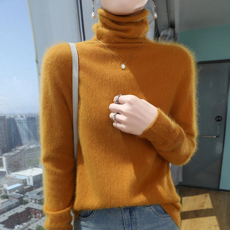 100% Pure Mink Cashmere Knitted Pullovers Women High-Neck Loose Large-size Sweater Casual Warm Tops Autumn and Winter Base Shirt