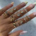 15pcs/Set Gold Rings With Bow, Flower, Leaf And Faux Pearl Designs,
