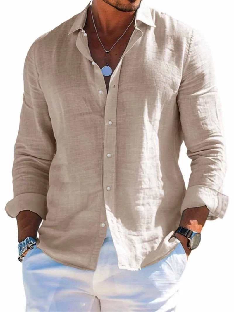 Men's Linen Button Down Shirt Casual Long Sleeve Lapel Solid Loose Shirt Tops New 2026 Spring Summer Men Beach Vacation Shirts