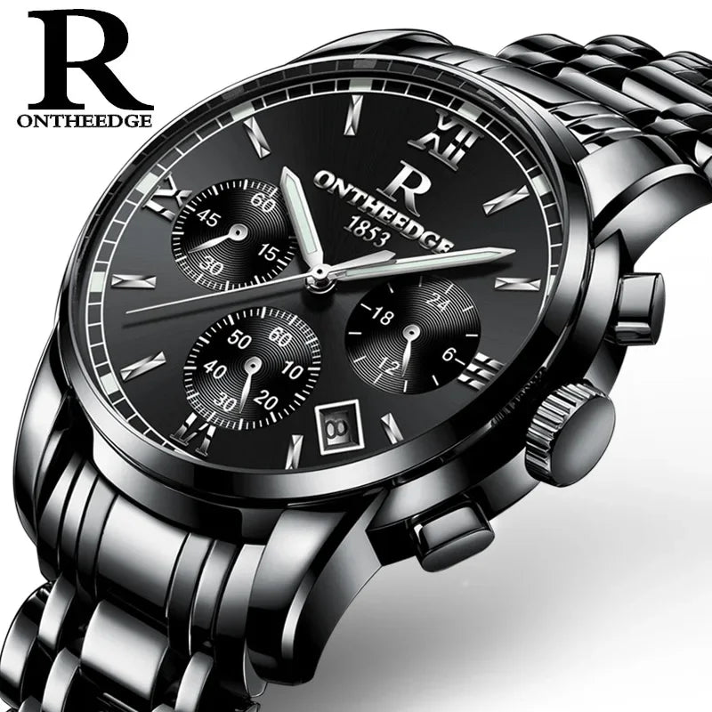 ONTHEEDGE Mens Watches Top Brand Luxury Business Quartz Watch Men All Steel Blue Face Waterproof Chronograph Relogio Masculino