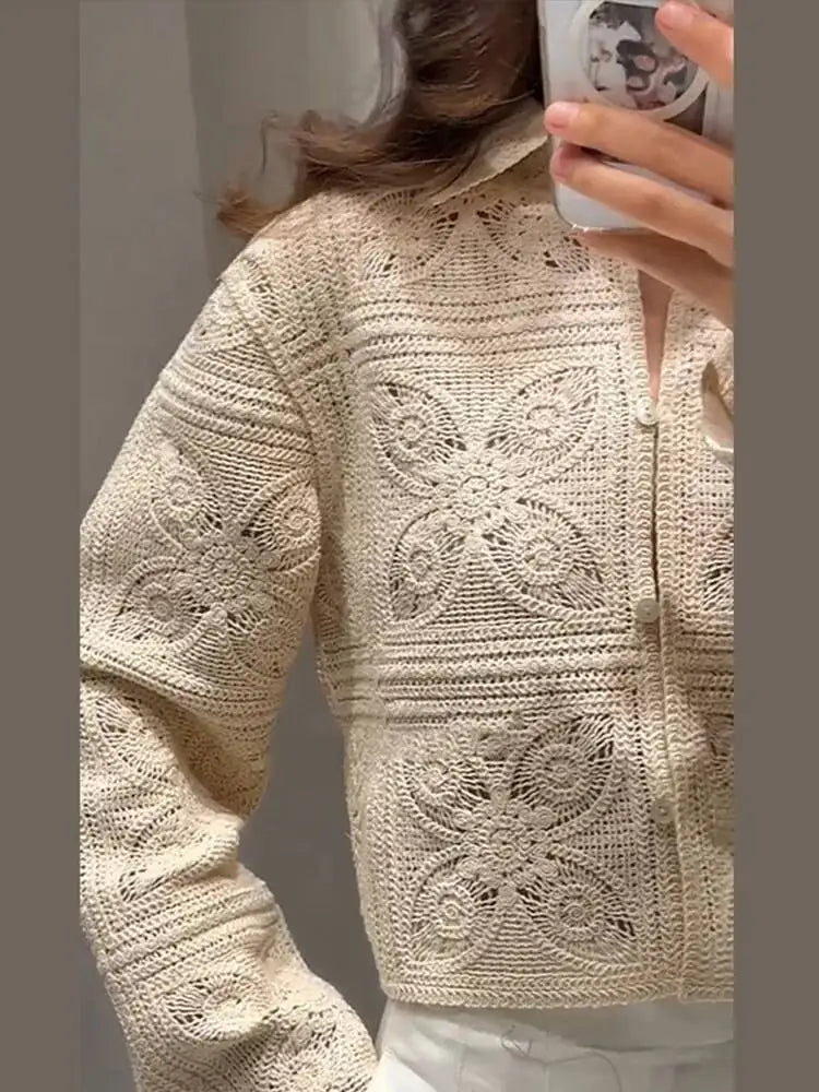 Knit Hollow Out 2 Piece Sets Woman Outfit Elegant Crochet Single-breasted Lapel Top High Waist Shorts Lady Suit Commuting J5VX