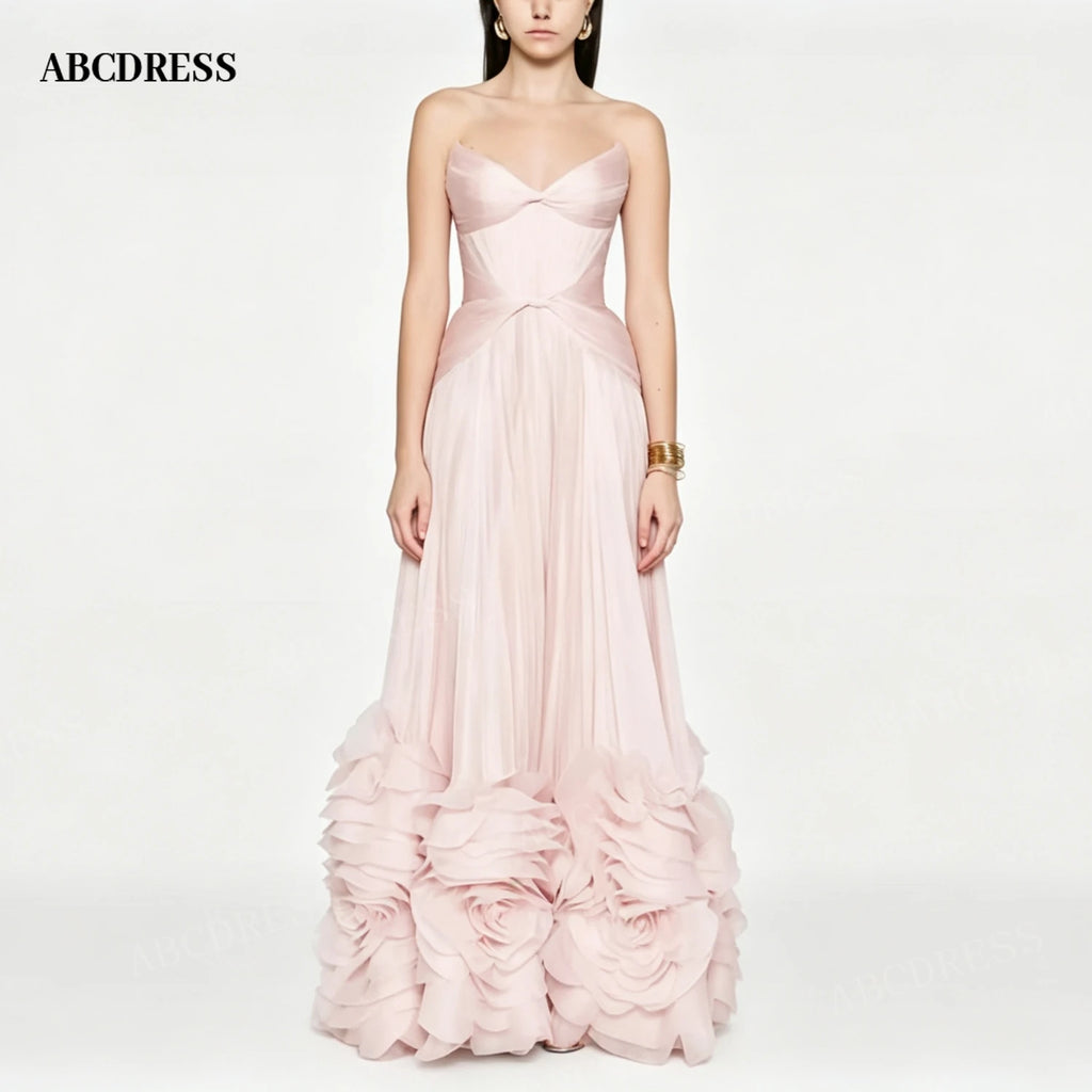 ABCDRESS Dusty Pink Strapless Evening Dress 3D Ruffled Rose Hem Prom