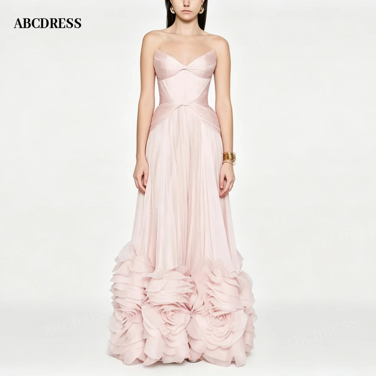 ABCDRESS Dusty Pink Strapless Evening Dress 3D Ruffled Rose Hem Prom