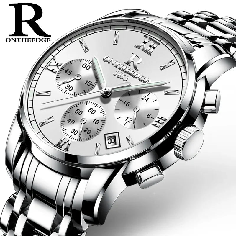 ONTHEEDGE Mens Watches Top Brand Luxury Business Quartz Watch Men All Steel Blue Face Waterproof Chronograph Relogio Masculino