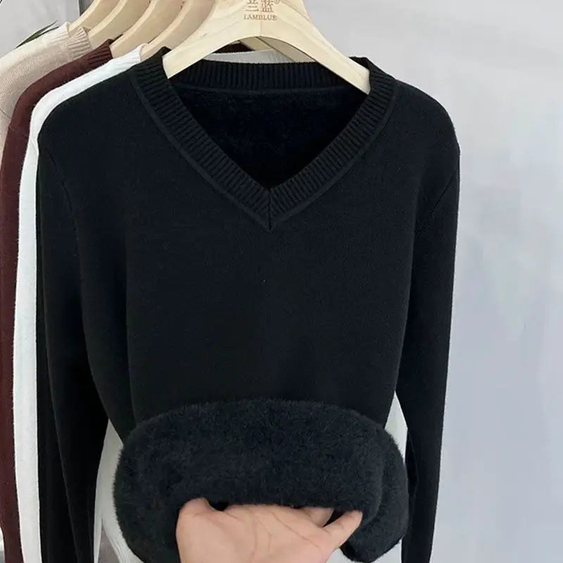 Thickened Fleece V-Neck Long Sleeve Women's Knitwear Autumn Winter Warm Soft Mink Velvet Slim Fit Crew Neck Pullover Top