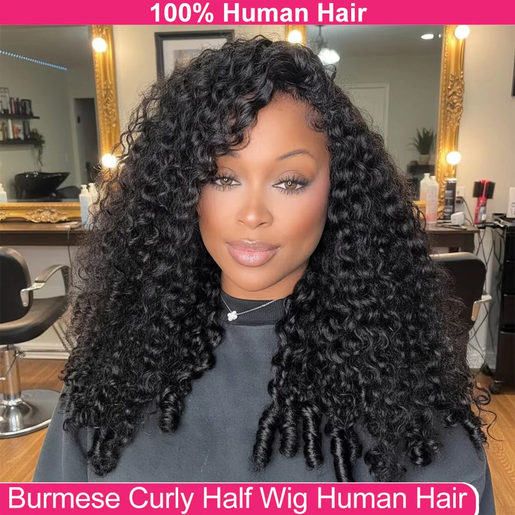 Glueless Human Hair Wigs Burmese Curly Headband Wig Upgrade 3 IN 1 Half
