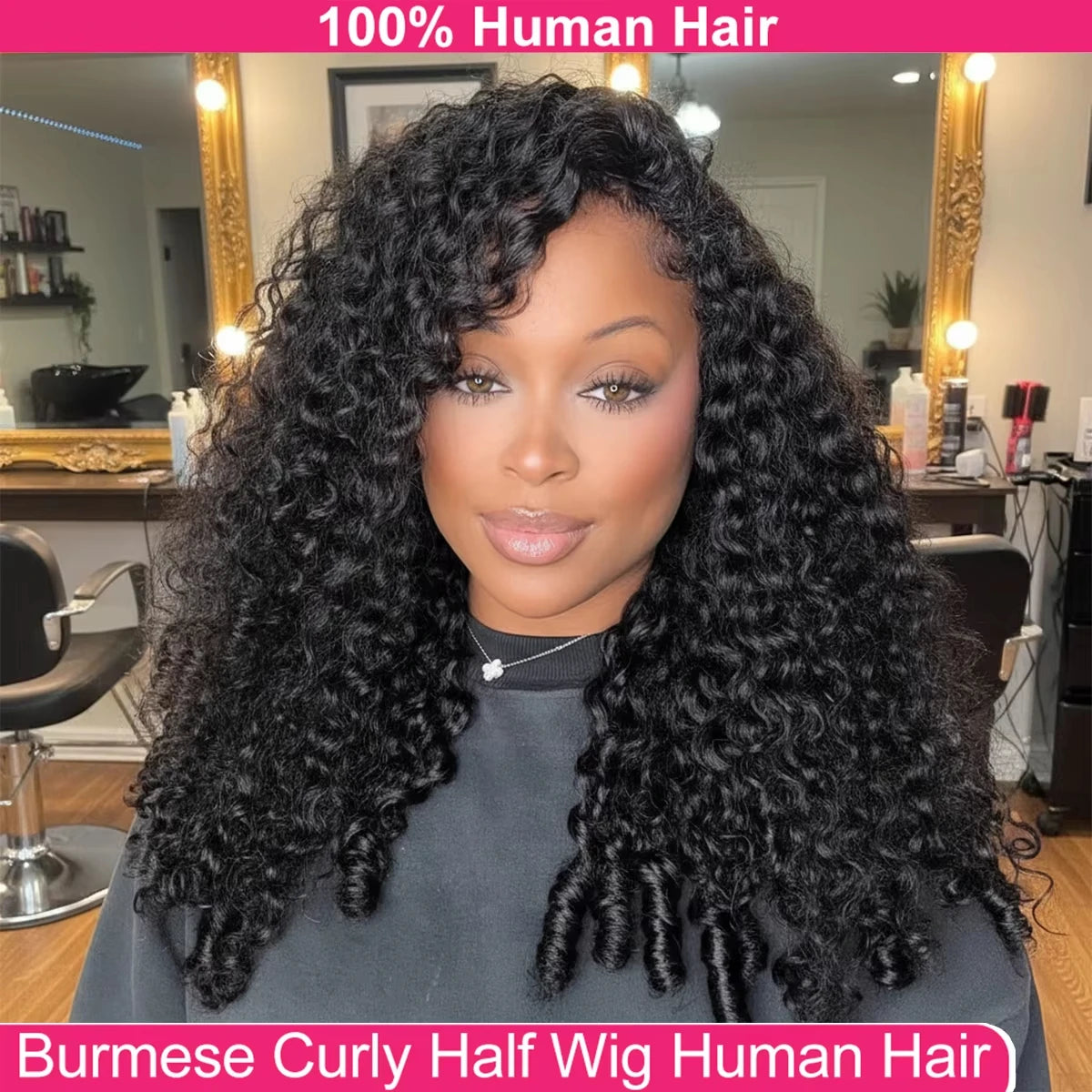Glueless Human Hair Wigs Burmese Curly Headband Wig Upgrade 3 IN 1 Half