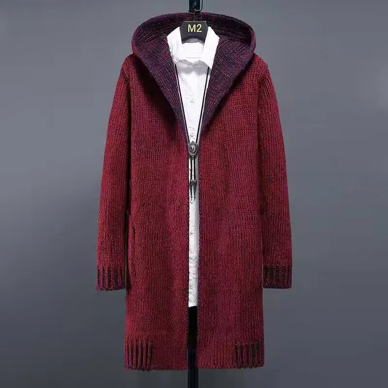 Winter New Fashion 2025 Men's Casual Trendy Long Sleeve Thicken Hooded Knitted Long Coats Male Sweater Cardigan Clothes Tops
