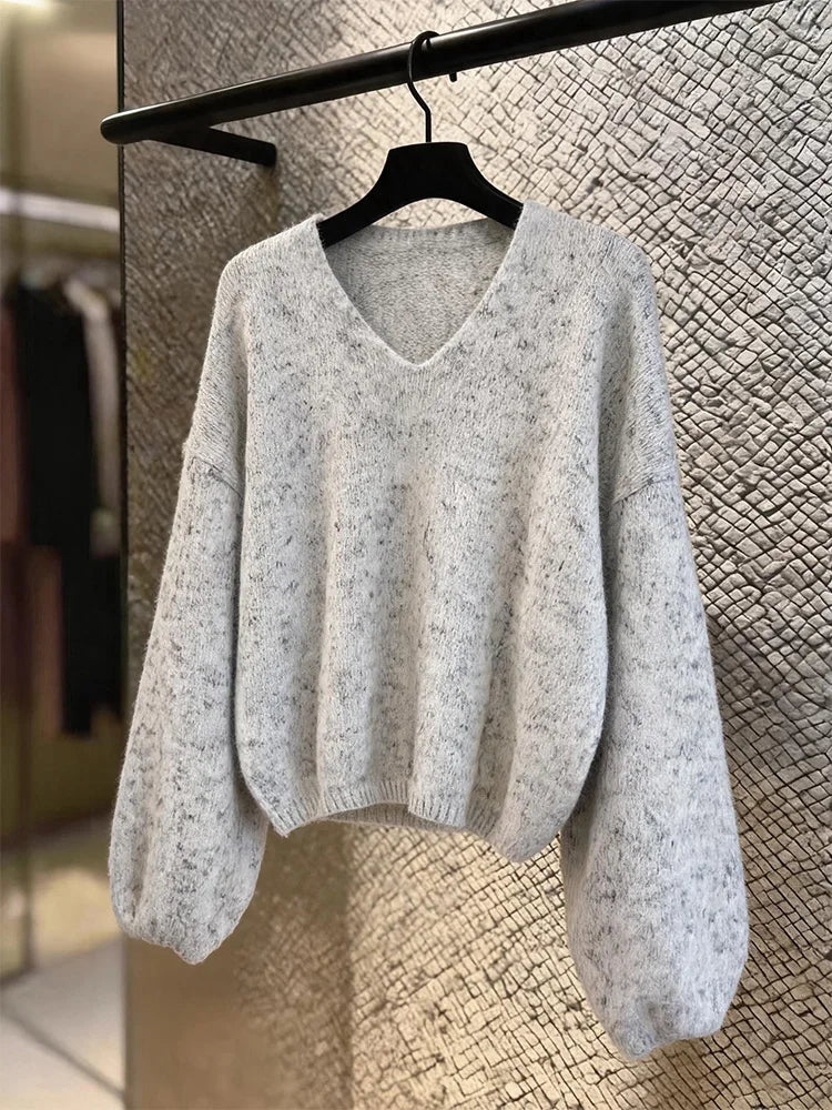 Elegant V-Neck Knitwear Casual Loose Style Autumn Winter Women's Fashion Simple Stylish Sweater Comfortable Breathable Commute