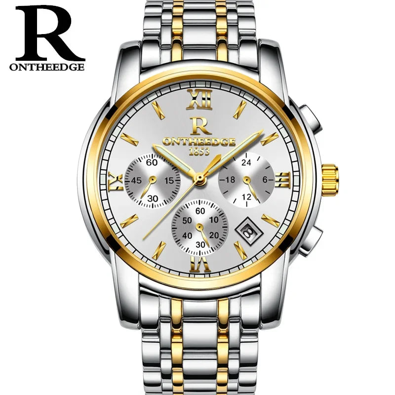ONTHEEDGE Mens Watches Top Brand Luxury Business Quartz Watch Men All Steel Blue Face Waterproof Chronograph Relogio Masculino