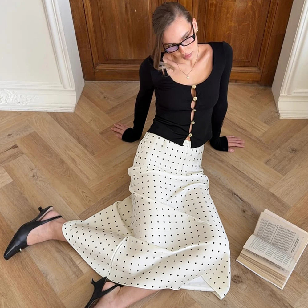 Talenza White Polka Dot Skirt Elegant Fashion Contrast Slim High Waist Patchwork Skirts Luxury New Party Women's Y2k Maxi Skirt