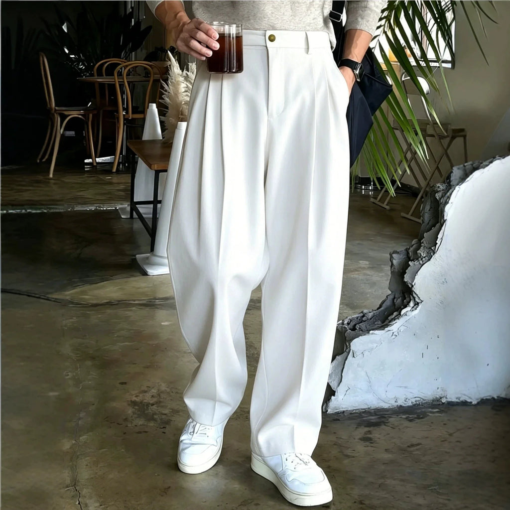 Classic solid color trousers with a versatile drape, men's business casual pants with active pleats, men's wide-leg pants, K-pop