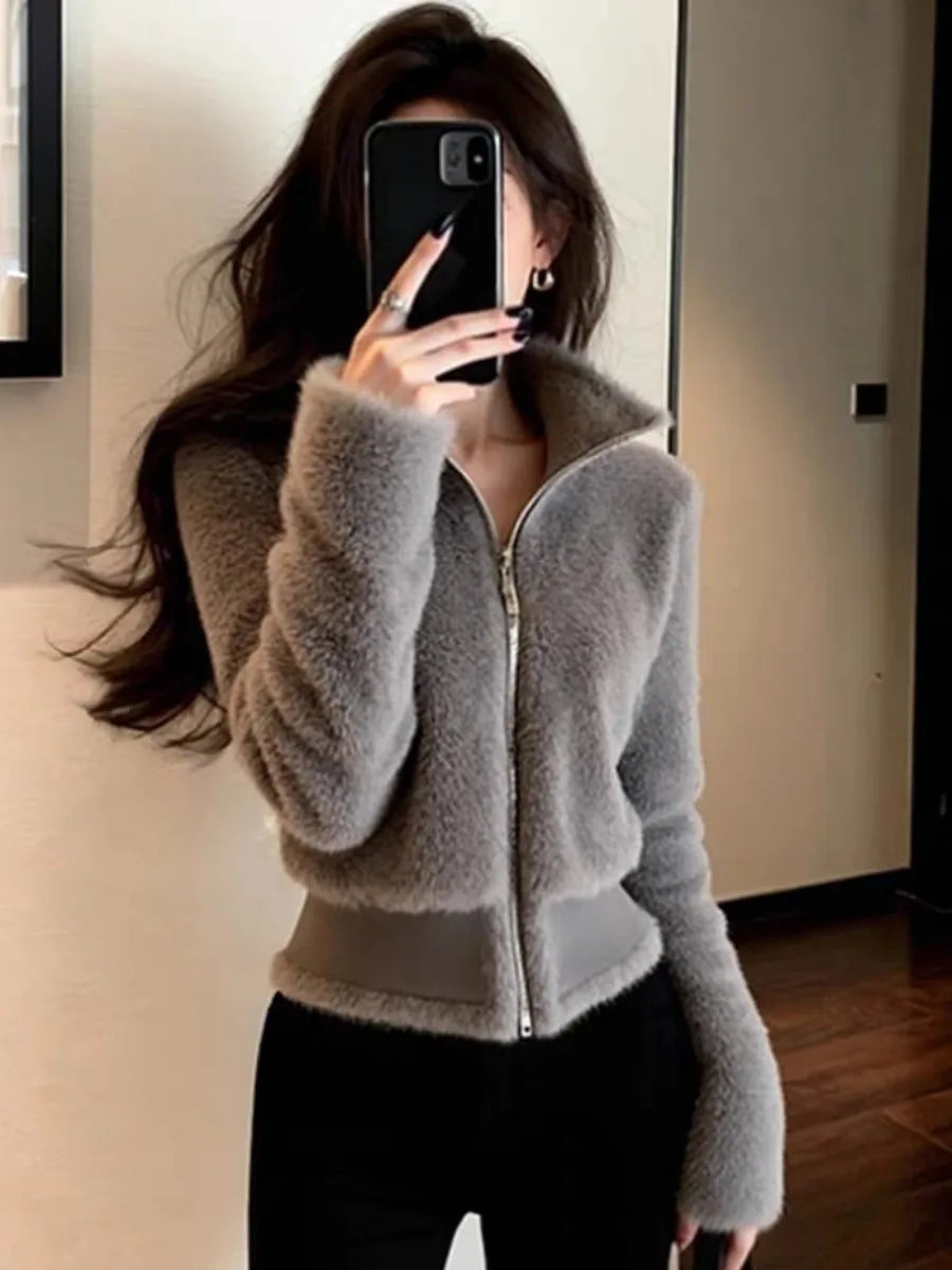 Fashionable Early Winter Jacket Elegant Grey Fur Trim Waist-Cinching Short Coat Velvet Material Long Sleeve Women's Outerwear
