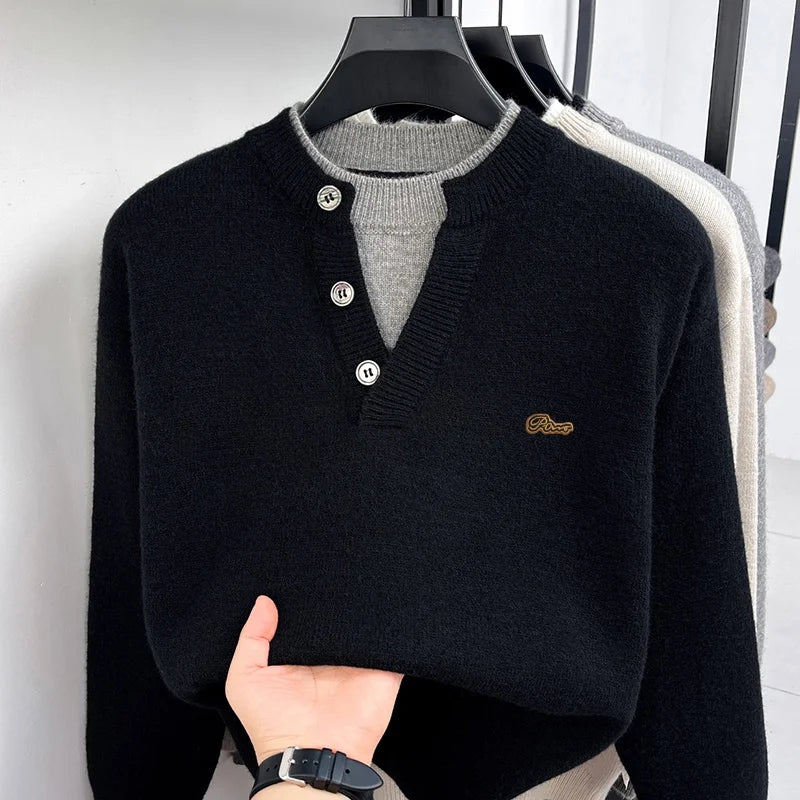 Fashion Men‘s Long-Sleeved Sweater Knitwear Button False Two-Piece Color Blocking Pullover Classic Leisure Hot-Selling for Men