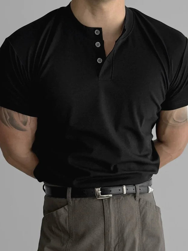 American Style Hard Man Pure Cotton Henry Shirt Muscle Men Half Open V-Neck Short Sleeve Three Button T-Shirt  Shirt