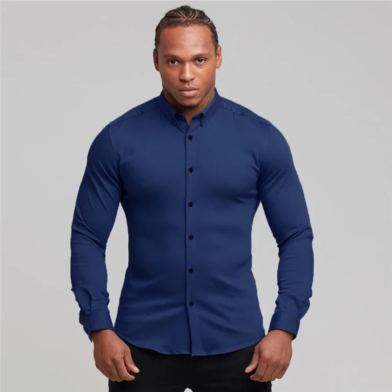 New Autumn Fashion Men Solid Color Fitness Turn-down Collar Button Super Slim Fit Muscleguys Business Dress Shirt