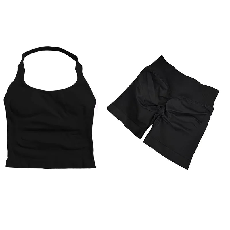 Yoga Sets Women Gym Clothes Longline Strappy Top High Waist Shorts