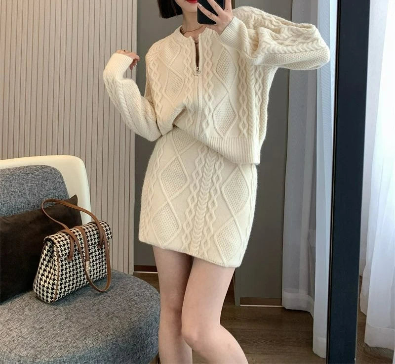 Autumn and Winter Wear Fashion Texture Knitted Sweater Cardigan Skirt Set Women's Two-piece Set