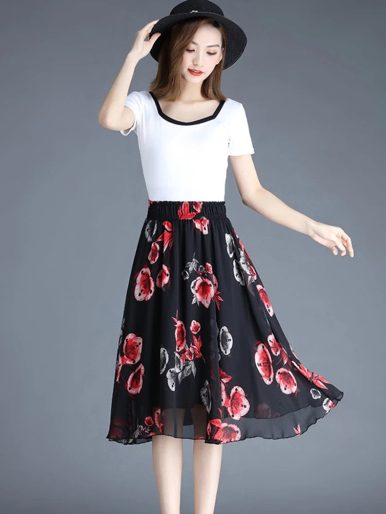 Female Skirts Floral To Knees Length Women'S Skirt Chiffon Vintage Cheap