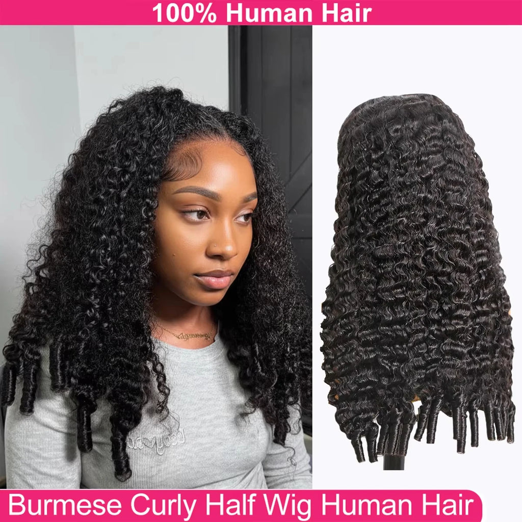 Glueless Human Hair Wigs Burmese Curly Headband Wig Upgrade 3 IN 1 Half