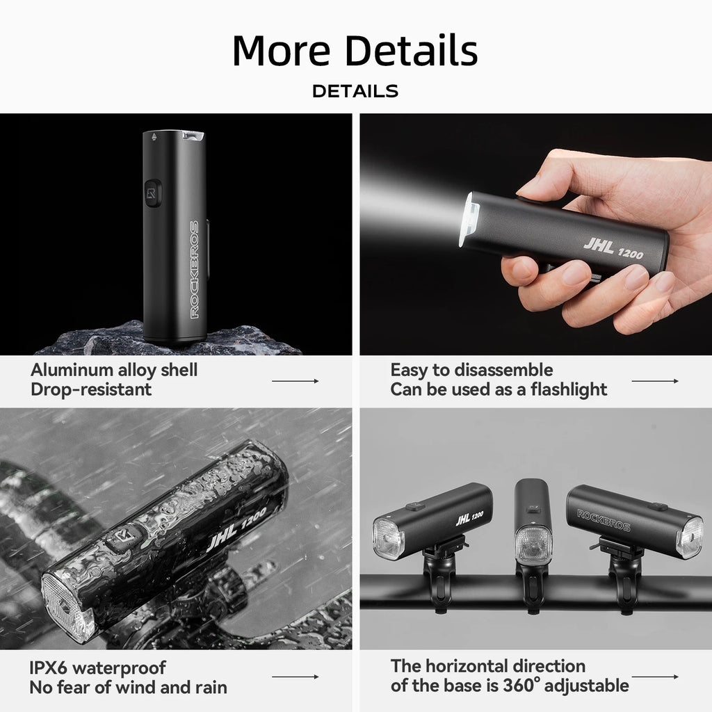 ROCKBROS Bicycle Light 1200LM 5000mAh Type-C Rechargeable Headlight Anti-glare Design IPX6 Flashlight Quick Release Bike Light