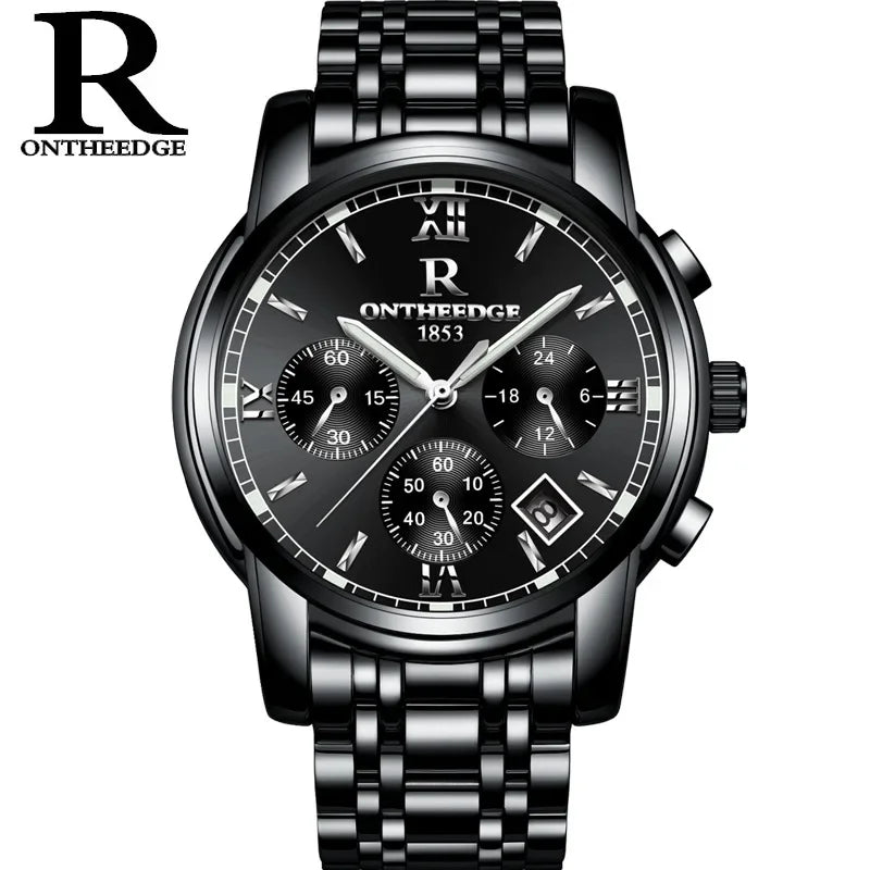 ONTHEEDGE Mens Watches Top Brand Luxury Business Quartz Watch Men All Steel Blue Face Waterproof Chronograph Relogio Masculino