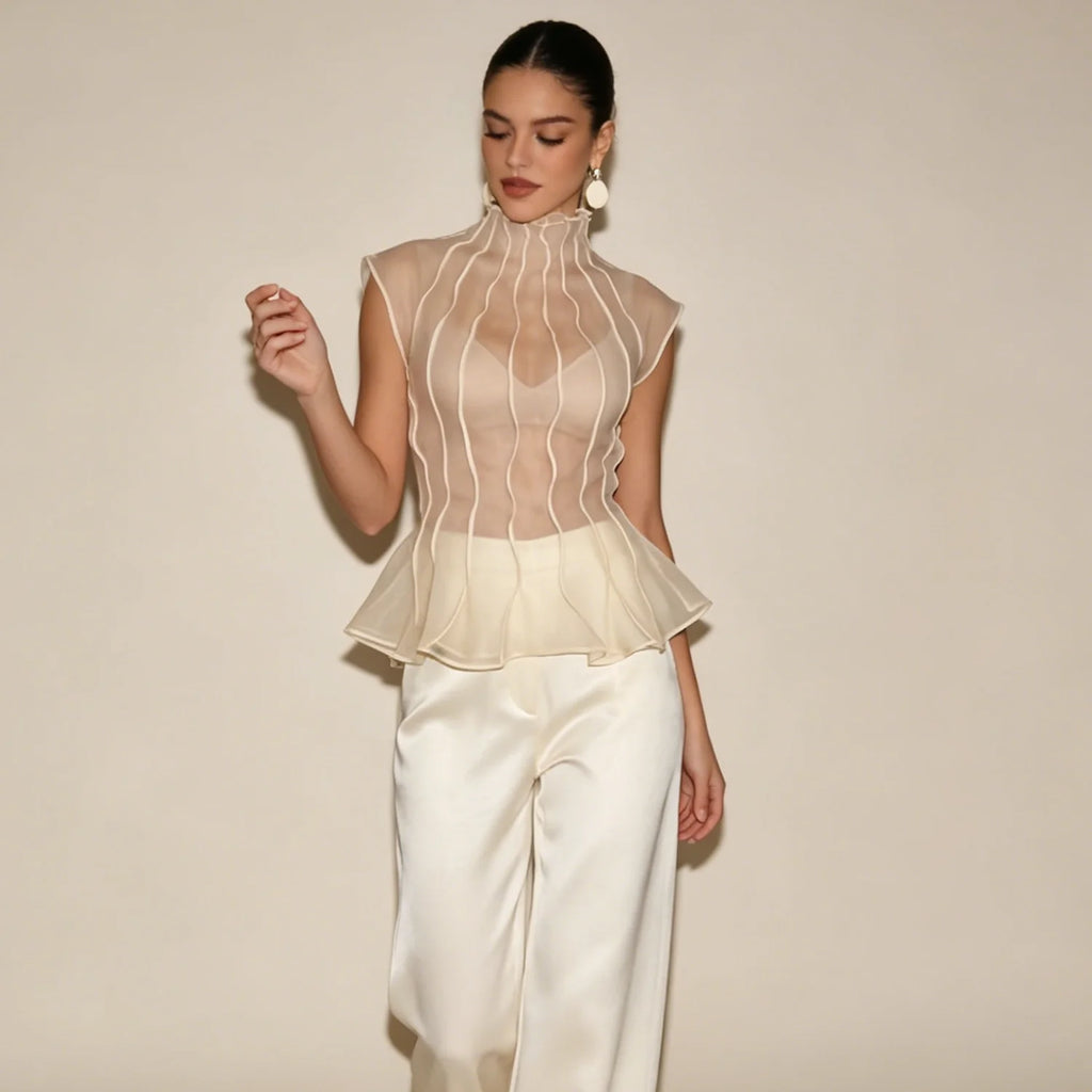 LIMO Women Sheer Organza Blouse Sleeveless High Neck Ruffle Peplum Top
