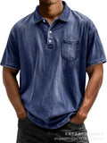Men Pure Cotton Casual Short Sleeve Polo Shirt Button Turn-down Collar Shirt With Pocket
