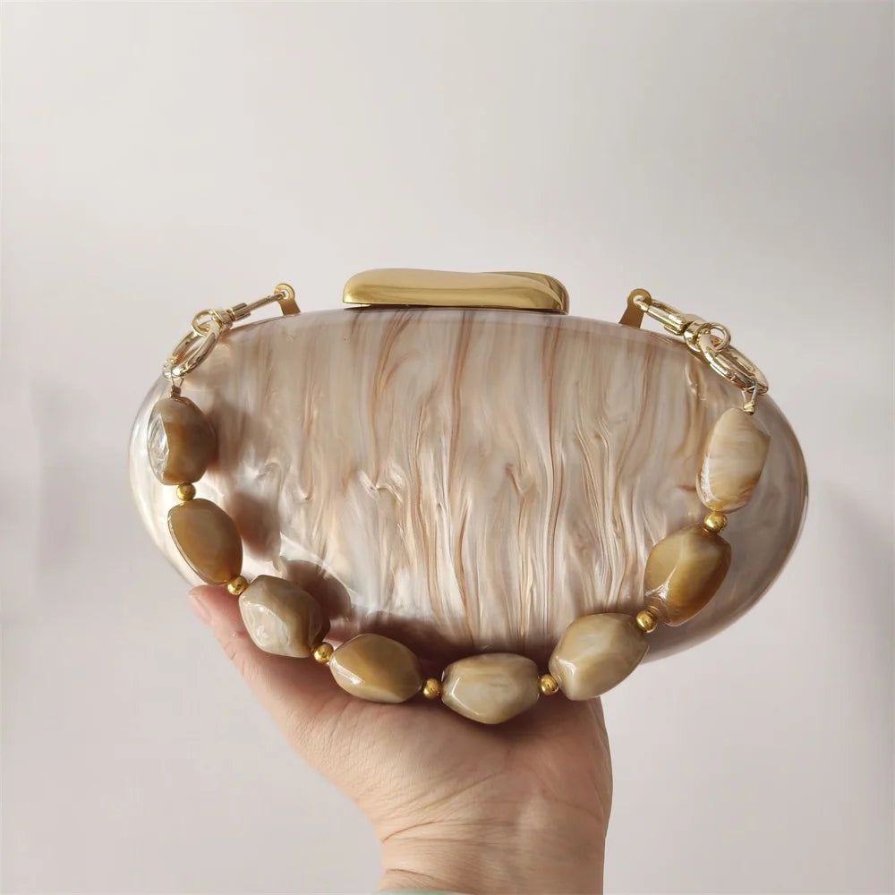 Lady Pearl Marble Brown Shell Egg Acrylic Box Clutch Purse Women Evening Purses Wedding Handbags Female Shoulder Bags Day Clutch
