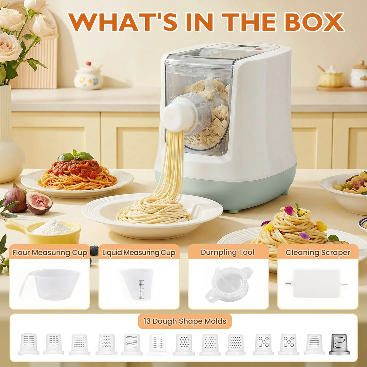 Fully Automatic Electric Pasta Maker Household Multifunctional Noodle Machine, 13 Dough Molds & Dumpling Tool, Electric Pasta Extruder for Spaghetti Fettuccine Fresh Pasta