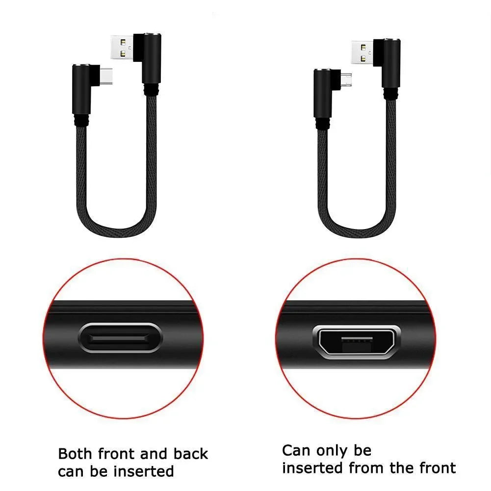 25cm Short Fast Charging Cable Double Elbow 90 Degree USB C Micro USB