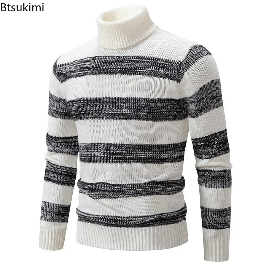 New 2026 Men's Knitwear Tops Autumn Winter Warm Turtleneck Pullovers Fashion Striped Splice Casual Knitted Sweaters Man Clothes