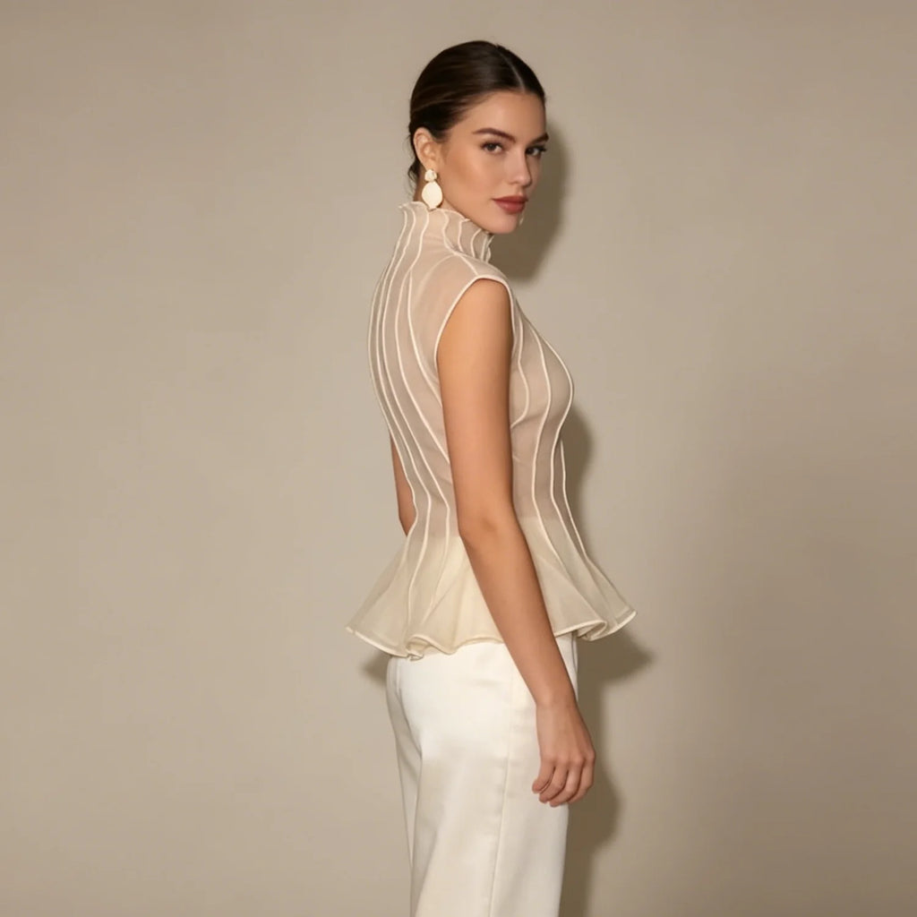 LIMO Women Sheer Organza Blouse Sleeveless High Neck Ruffle Peplum Top