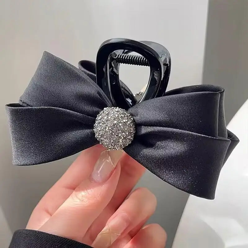 1/2pcs Rhinestone Love Black Fabric Bow Hair Clip For Woman Elegant