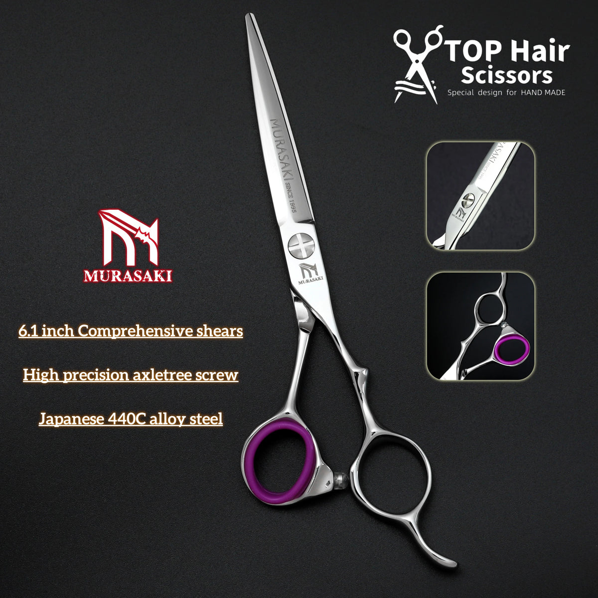 MURASAKI Professional Barber Scissors，6.0 Inch Japanese 440C Steel Hairdressing Scissors，Salon High-Quality Hair Cutting Tools