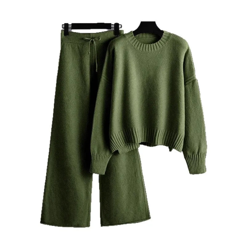 Knitted Drape Wide Leg Pant Suit Two Piece Sets knitwear Winter Thick Warm Sweater Tracksuits casual Women sweater
