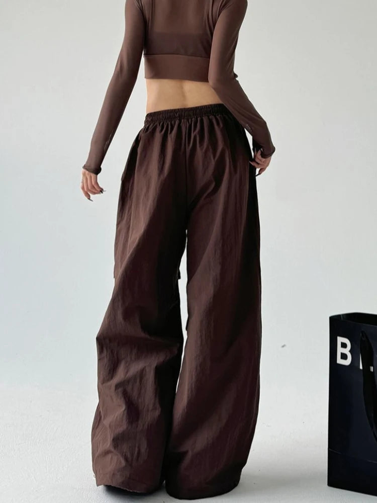 Women'S Brown Parachute Pants Summer Loose Straight Wide Leg Trousers