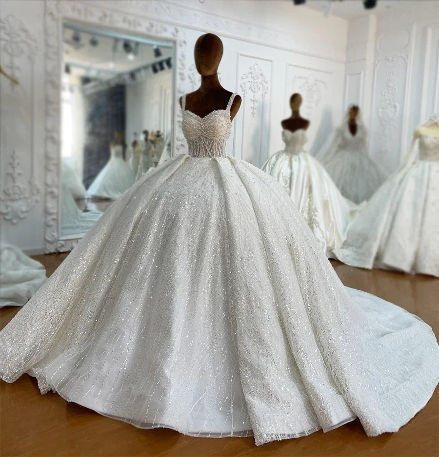 Customized Straps Ball Gown Pearls Beading Princess Wedding Dress