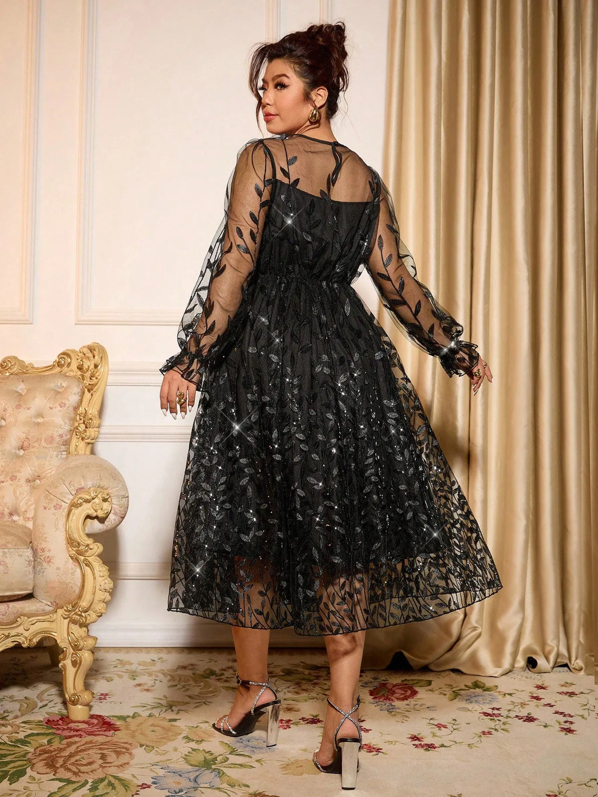 Sophisticated Dinner Dress With Sheer Sleeves And Sparkling Details For