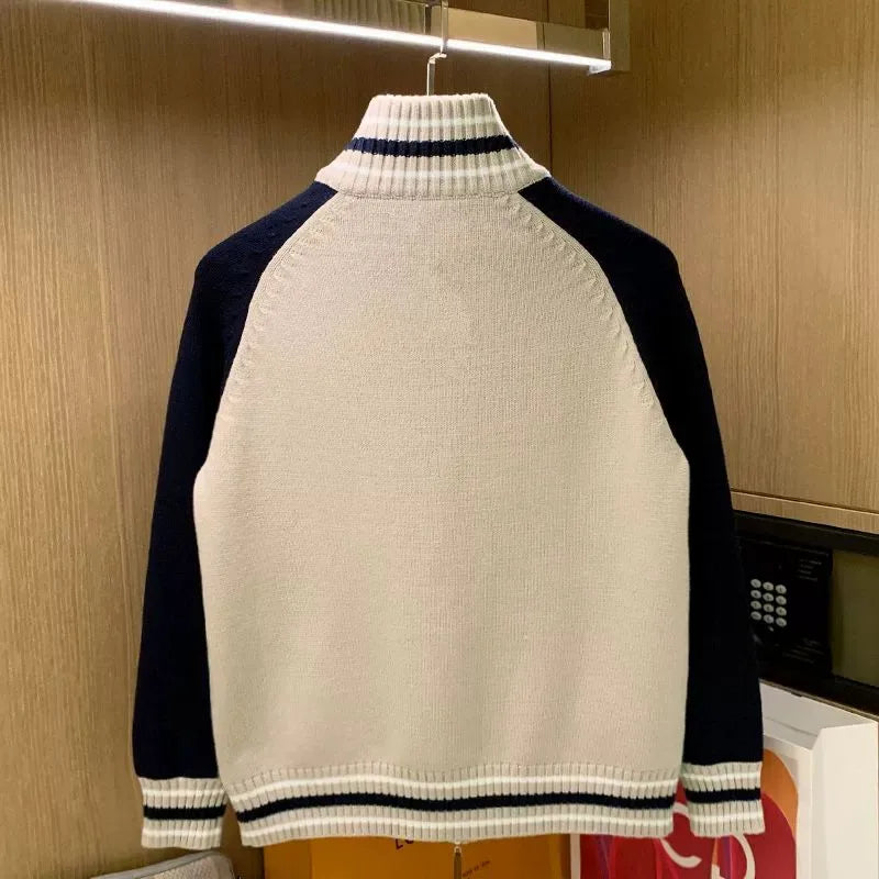 Fashion Color Block Knitwear Men's Winter Warm Casual Half High Zipper Sweater Coat Soft Double Knit Vintage Style