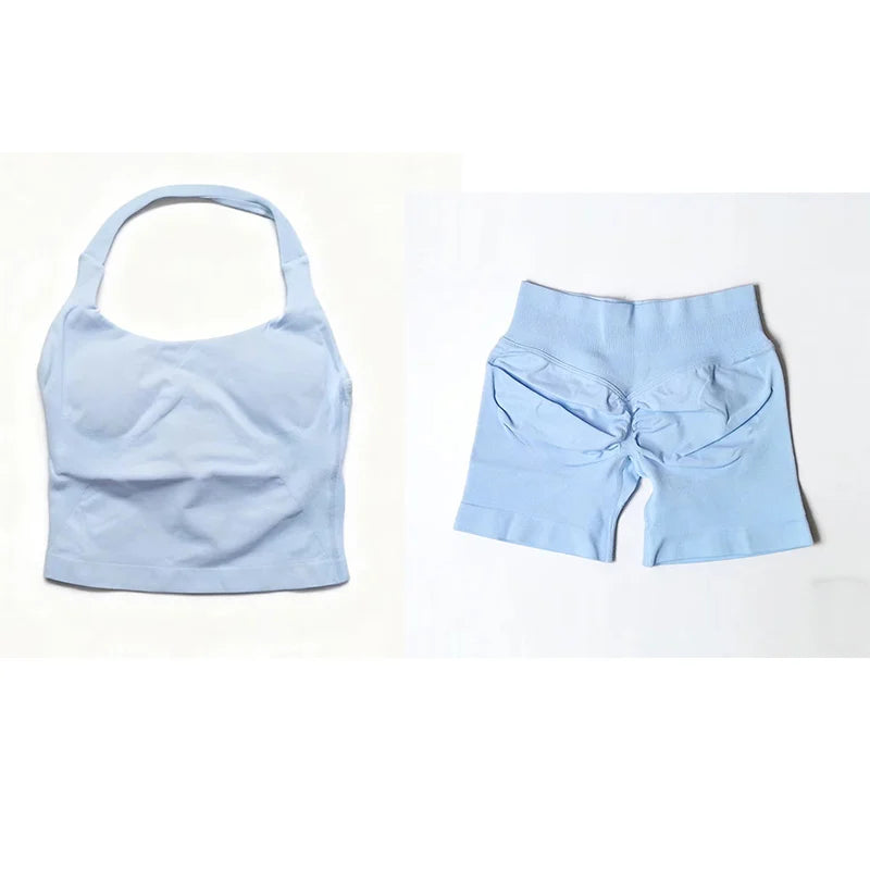 Yoga Sets Women Gym Clothes Longline Strappy Top High Waist Shorts