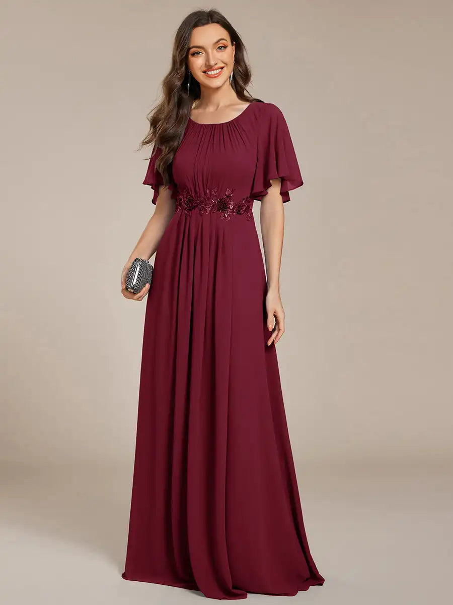 Evening Dresses Short Sleeves Pleated Applique Floor-Length Ever Pretty