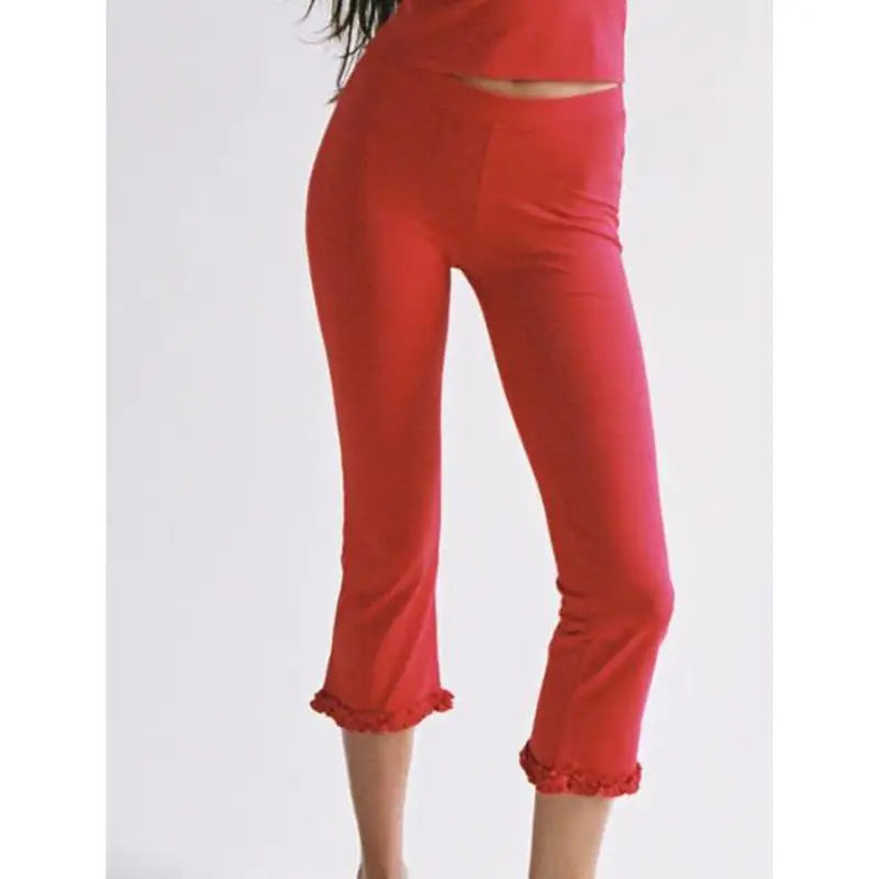 Combhasaki Women Y2k Vintage Capri Pants Elastic High Waist 3/4 Length Trousers Solid/Dots Ruffle Hem Slim Fit Cropped Leggings