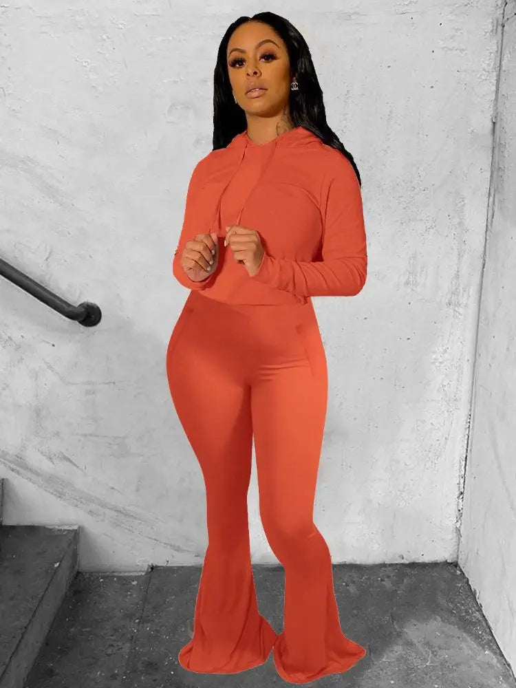 Active Wear Women'S Set Hooded Tops Wide Leg Flare Bell Bottom Pants