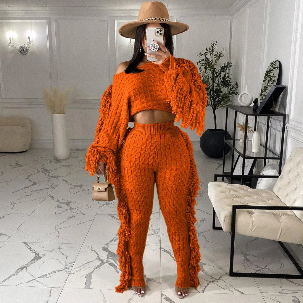 Women Sweater Knitted Pants Suit Knitting 2 Piece Set Pullover Top Trousers Ensemble Tassels Knitwear Outfits 2025 Autumn Winter